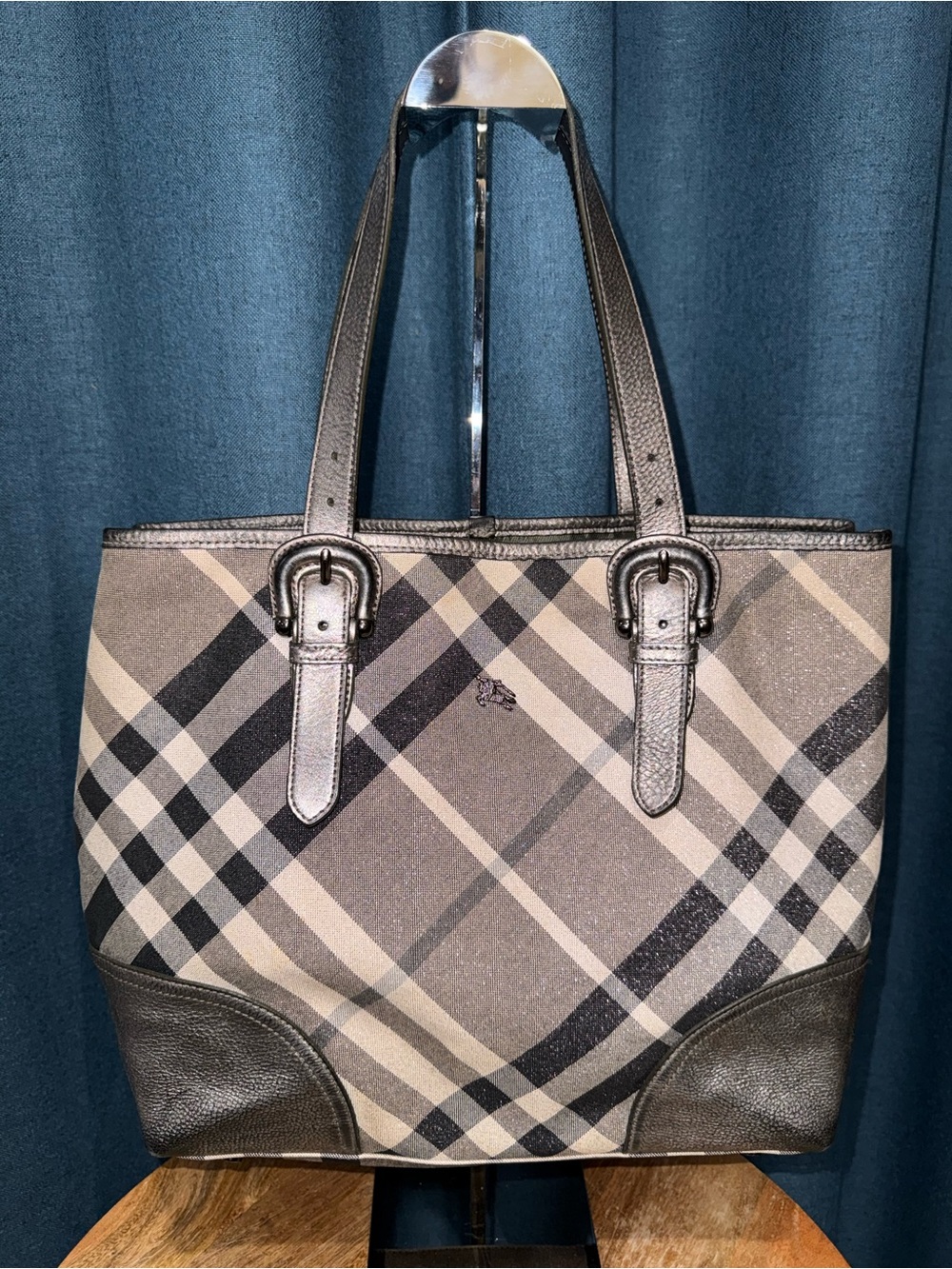 Burberry Gray and Black Metallic Plaid Leather-Trim Tote